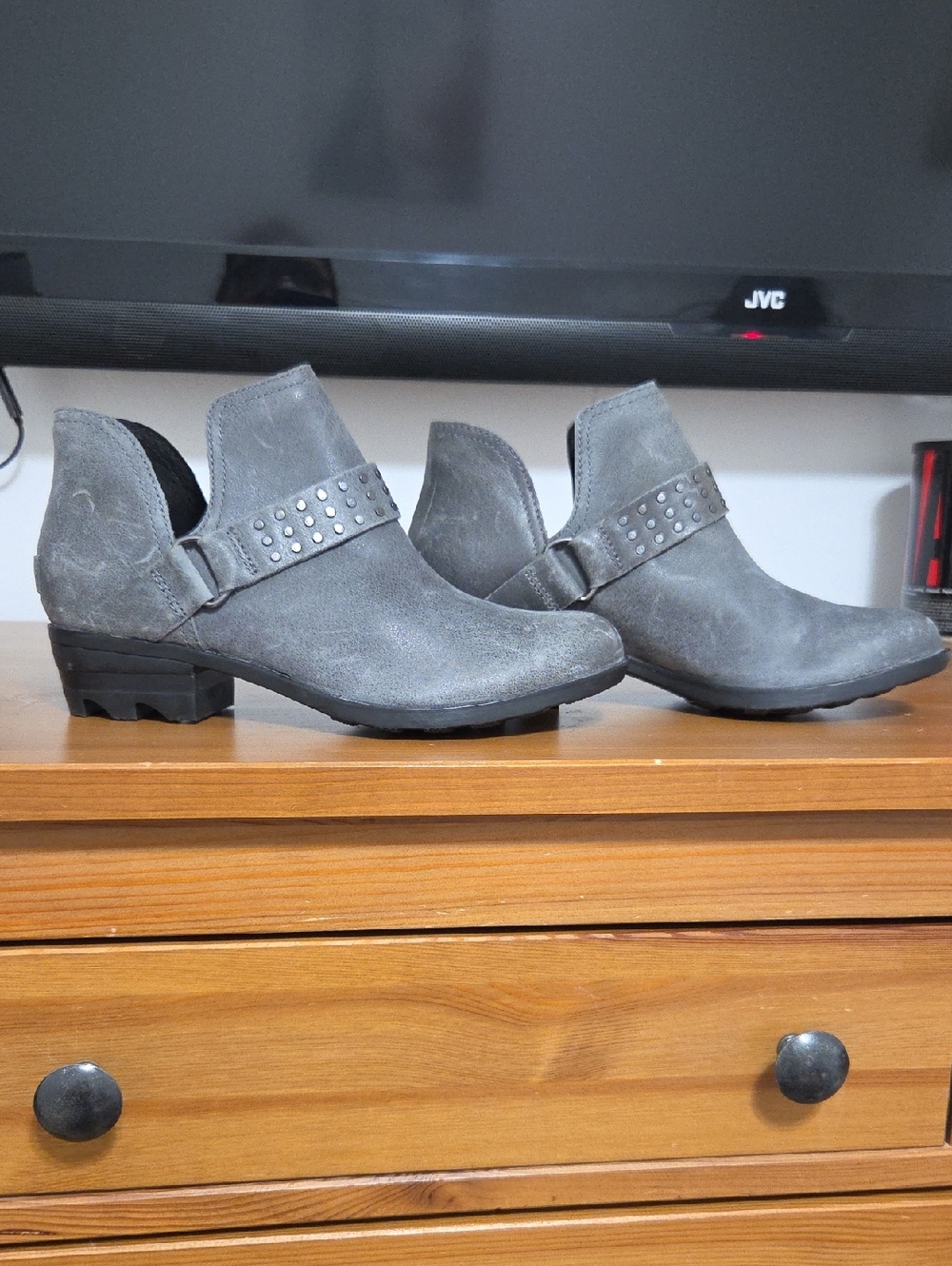 Sorel Gray Suede Studded Strap Ankle Booties